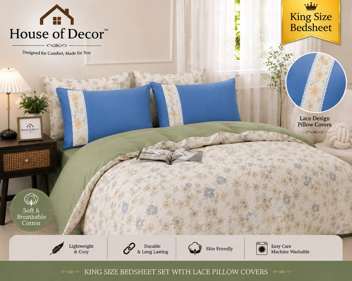 King Size 250TC Pure Cotton Bedsheet Set - Green Cream