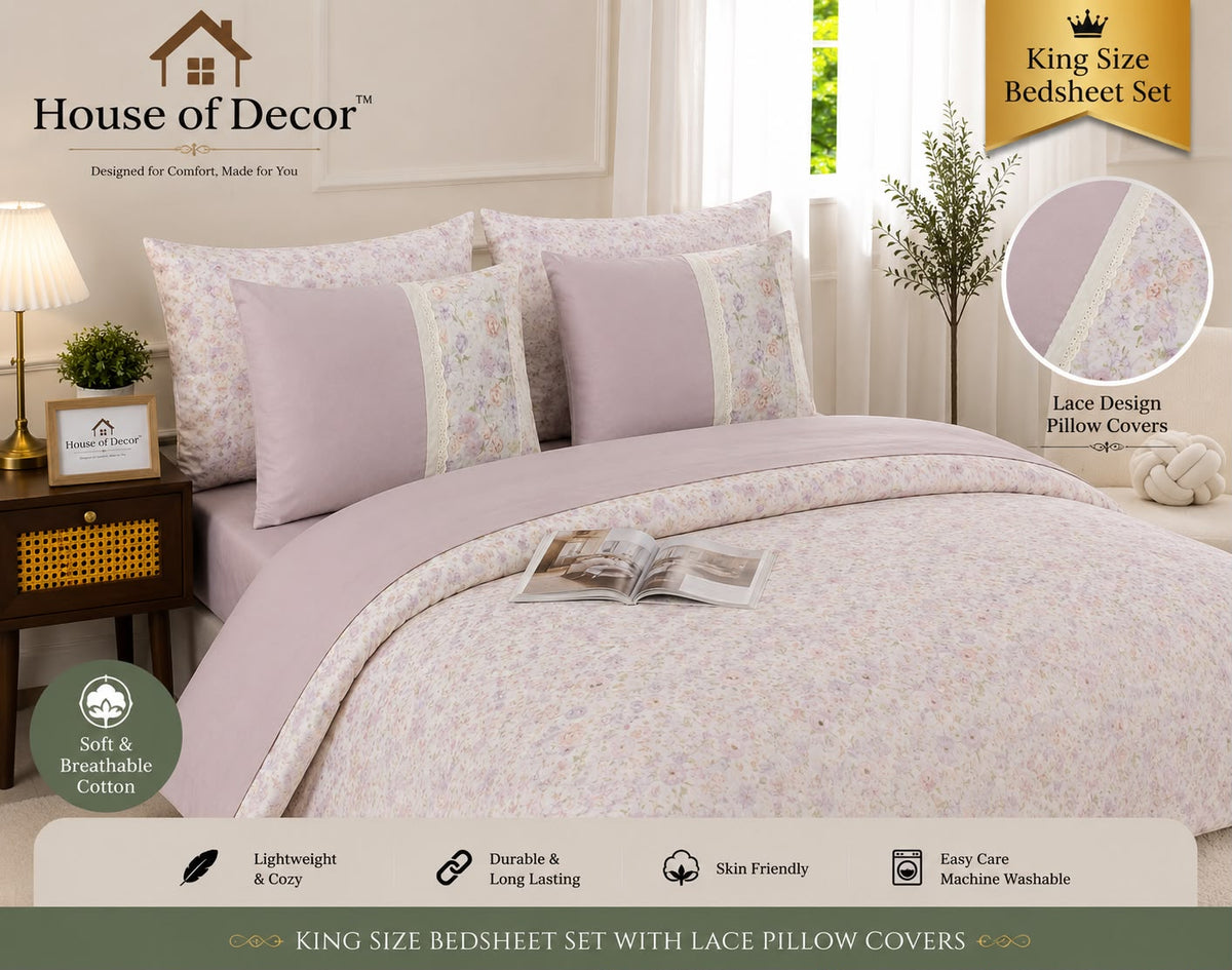 King Size 250TC Pure Cotton Bedsheet Set - Pink Flower Cream