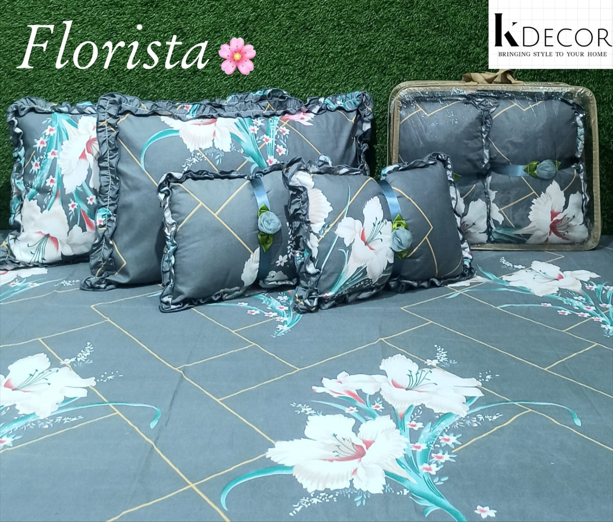 Floral 5-Piece Bedding Set - Gray Blue