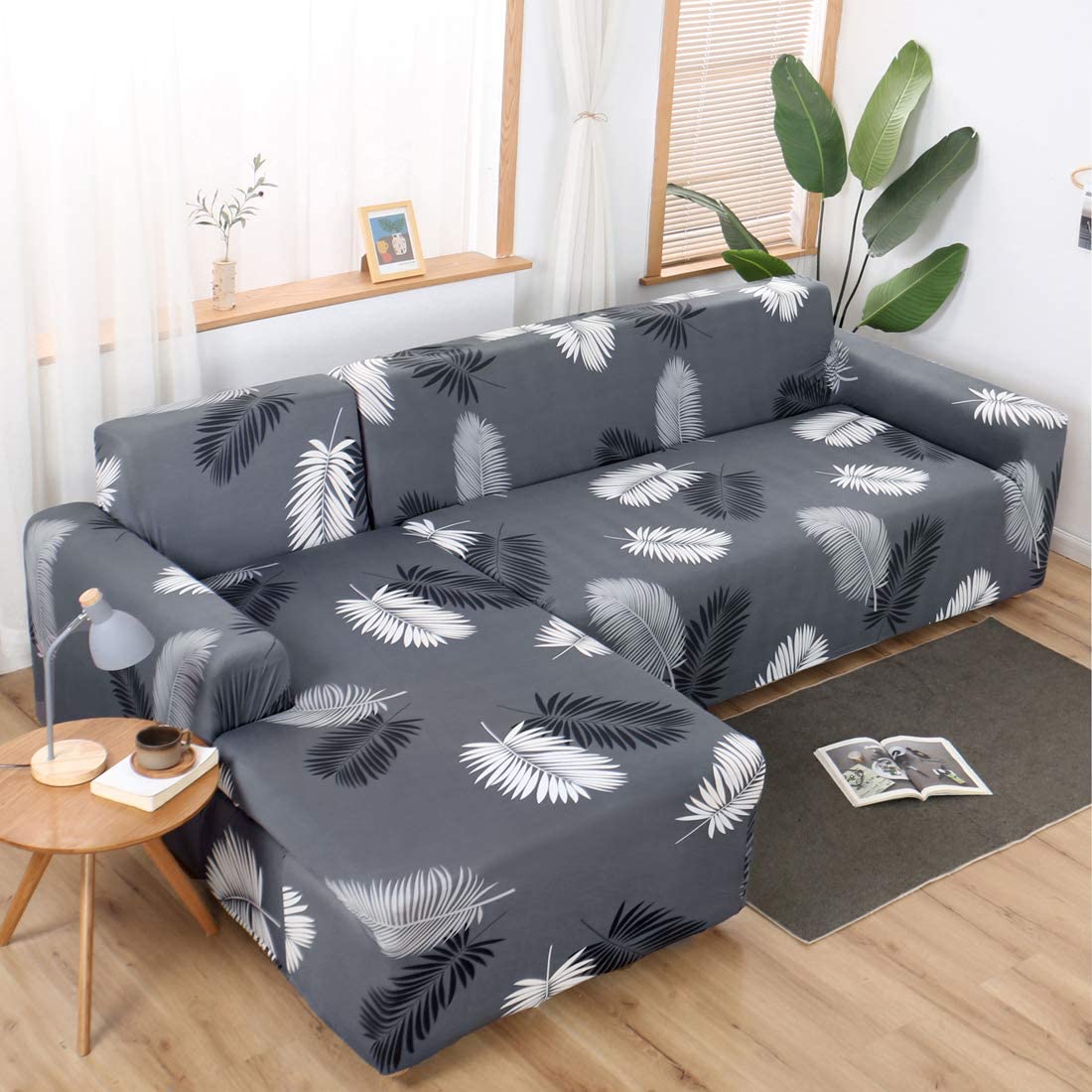 L Shape Charcoal Fern Strechable Sofa Cover