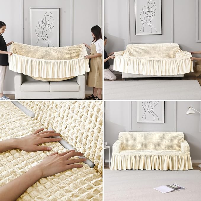 Turkish Bubble Frill Sofa Covers : Cream