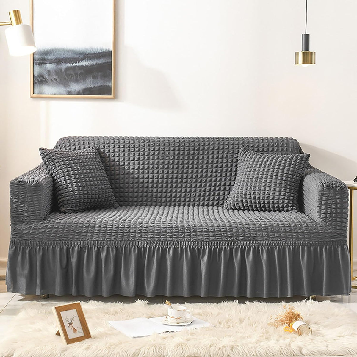 Turkish Bubble Frill Sofa Covers : Dark Grey