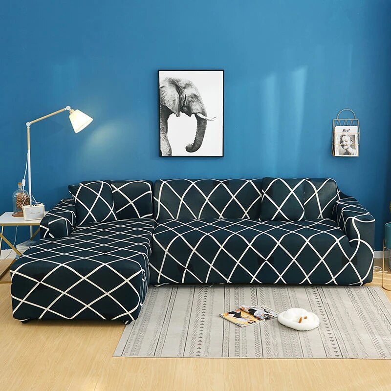 L Shape Cross Blue Strechable Sofa Cover