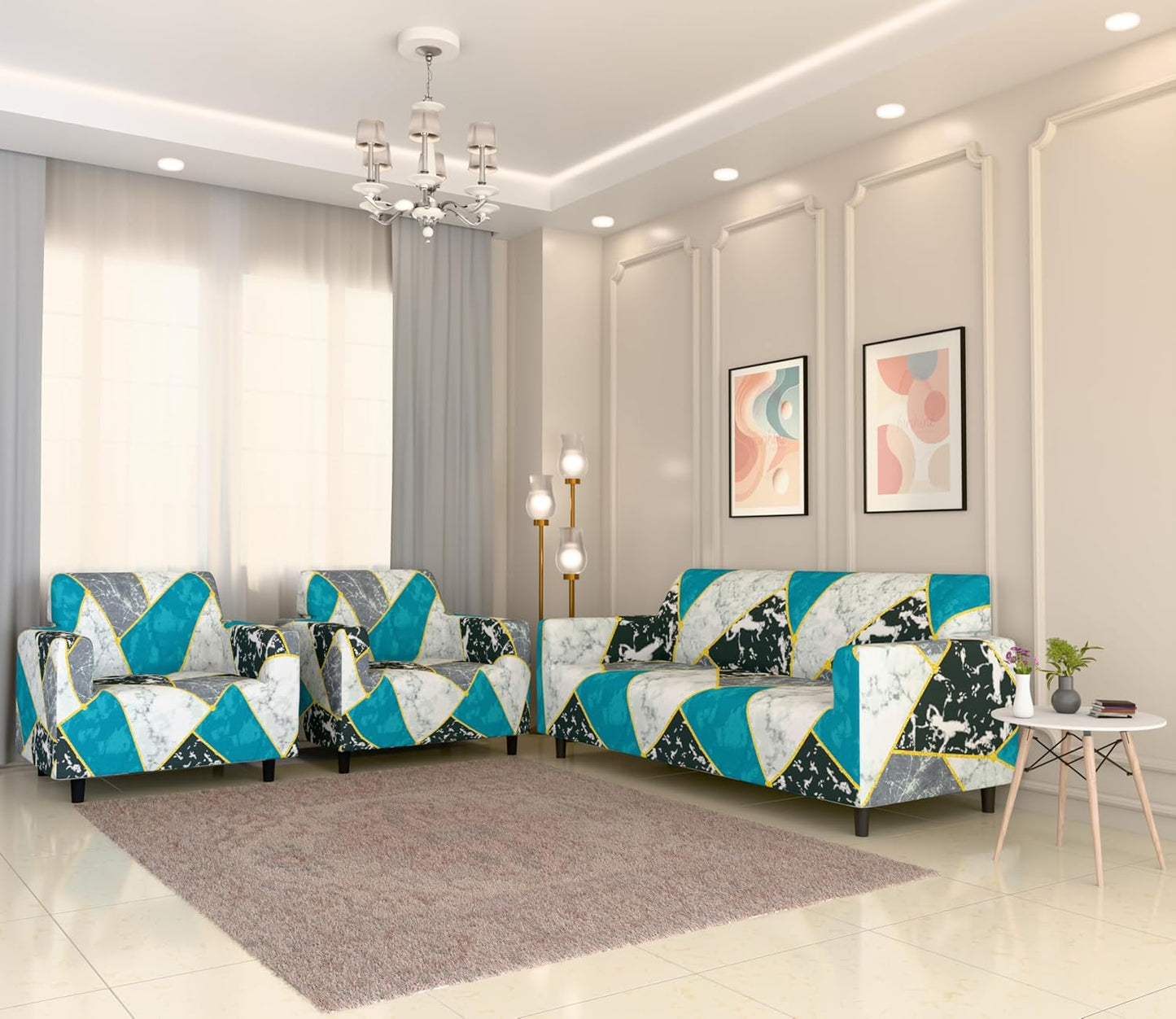 L Shape MellowCovers Blue Marble Strechable Sofa Cover