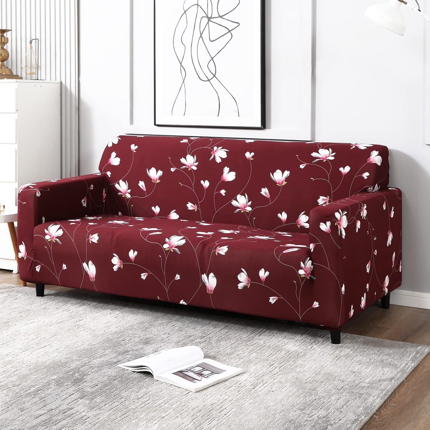 MellowCovers Floral Maroon Strechable Sofa Cover