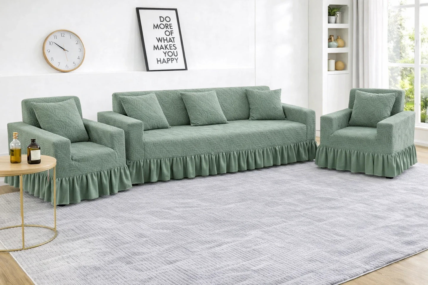 Premium Green Frill Sofa Cover – Stretchable, Washable & Elegant Sofa Protector
