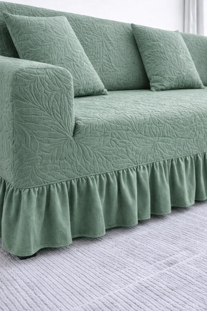 Premium Green Frill Sofa Cover – Stretchable, Washable & Elegant Sofa Protector
