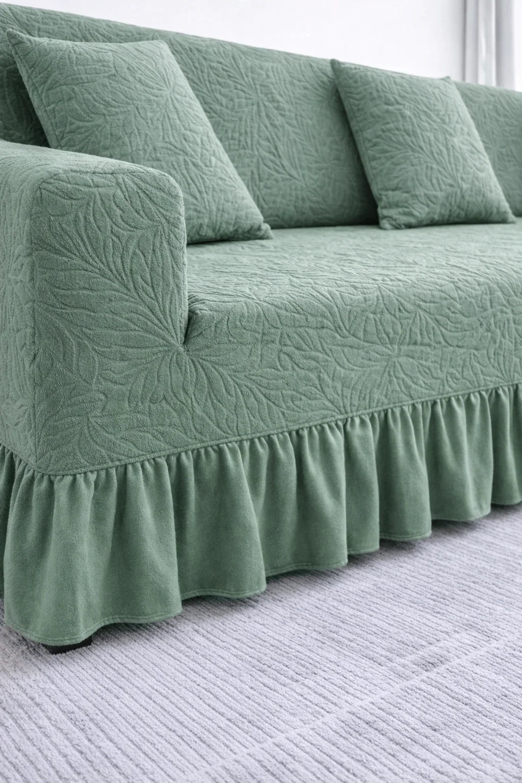 Premium Green Frill L Shape Sofa Cover – Stretchable, Washable & Elegant Sofa Protector