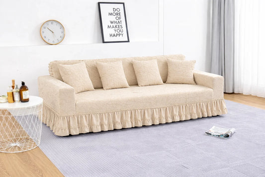 Premium Cream Frill Sofa Cover – Stretchable, Washable & Elegant Sofa Protector