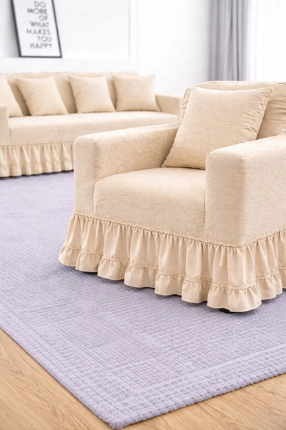 Premium Cream Frill Sofa Cover – Stretchable, Washable & Elegant Sofa Protector