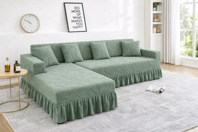 Premium Green Frill L Shape Sofa Cover – Stretchable, Washable & Elegant Sofa Protector