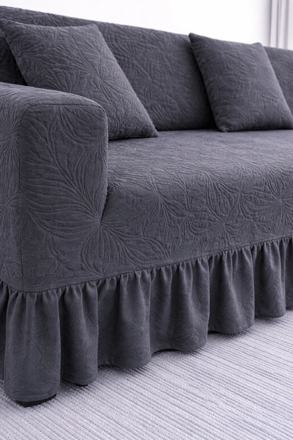 Premium Grey Frill Sofa Cover – Stretchable, Washable & Elegant Sofa Protector