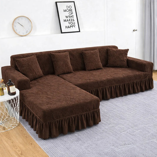 Premium Brown Frill L Shape Sofa Cover – Stretchable, Washable & Elegant Sofa Protector