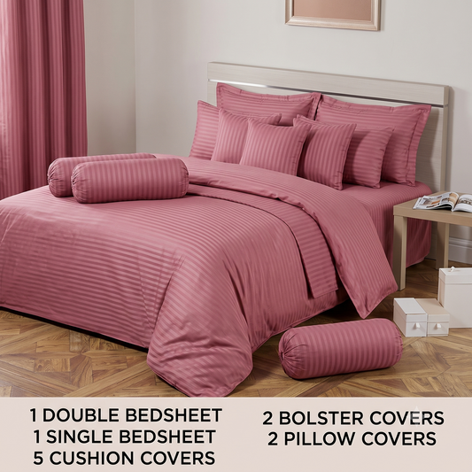 Stripes 11-Piece Combo of Double Bedding Set and Diwan Set- Dark Pink