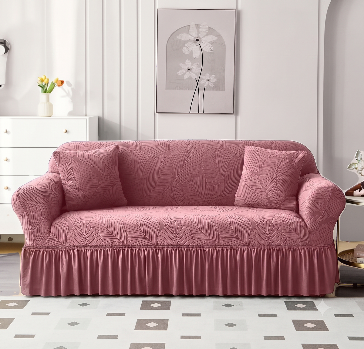 Premium Pink Frill Sofa Cover – Stretchable, Washable & Elegant Sofa Protector