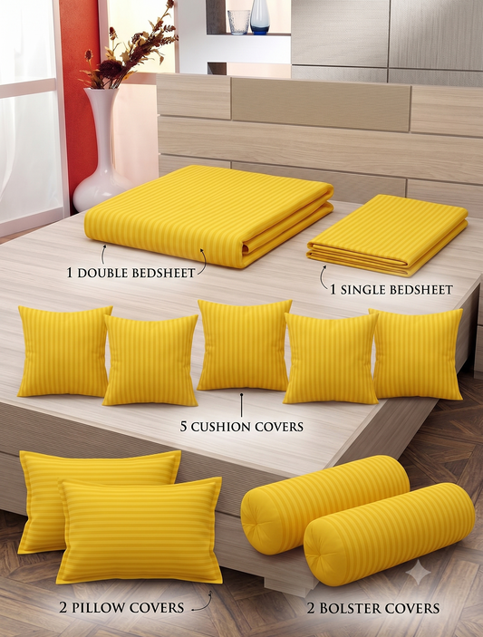 Stripes 11-Piece Combo of Double Bedding Set and Diwan Set- Yellow