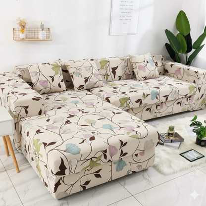 L Shape MellowCovers Blooming Beige Strechable Sofa Cover