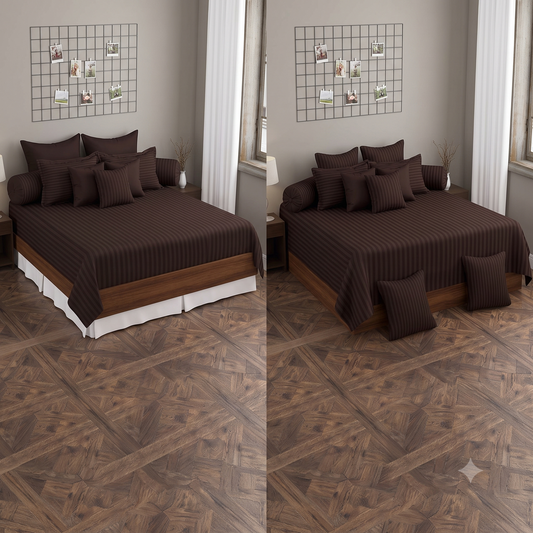Stripes 11-Piece Combo of Double Bedding Set and Diwan Set- Brown