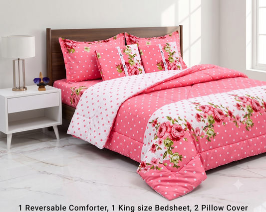 4-Piece Double Bed Comforter Set - Pink White