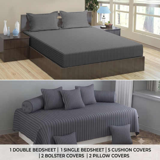 Stripes 11-Piece Combo of Double Bedding Set and Diwan Set- Gray