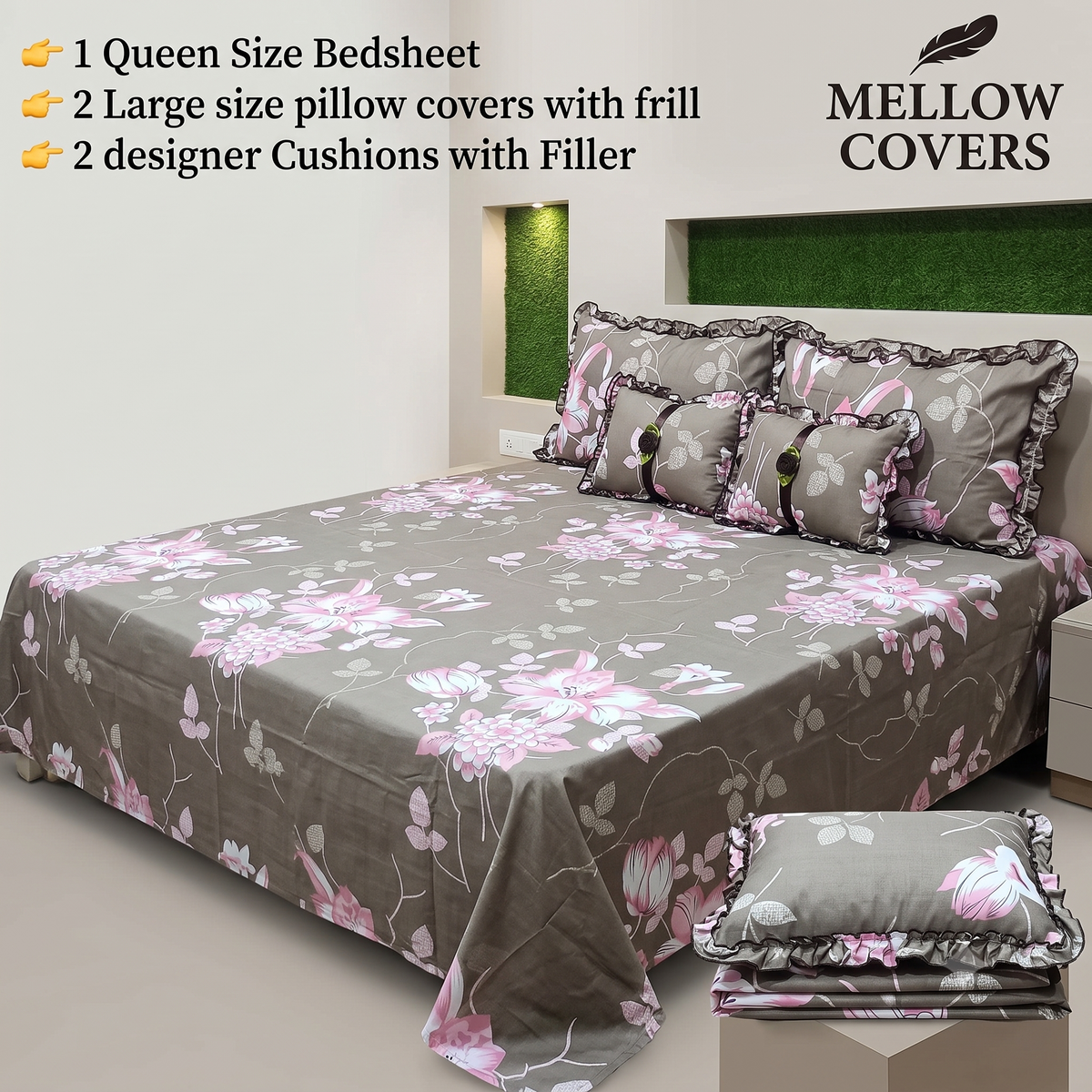 Floral 5-Piece Bedding Set - Gray Pink