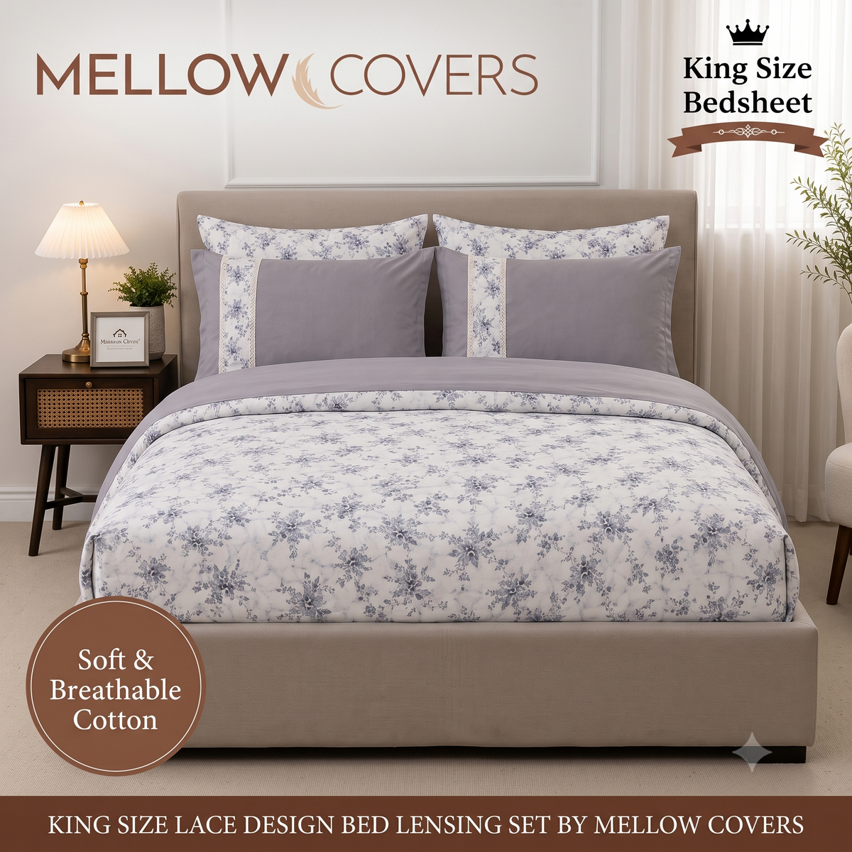 King Size 250TC Pure Cotton Bedsheet Set - Smoke Gray Cream