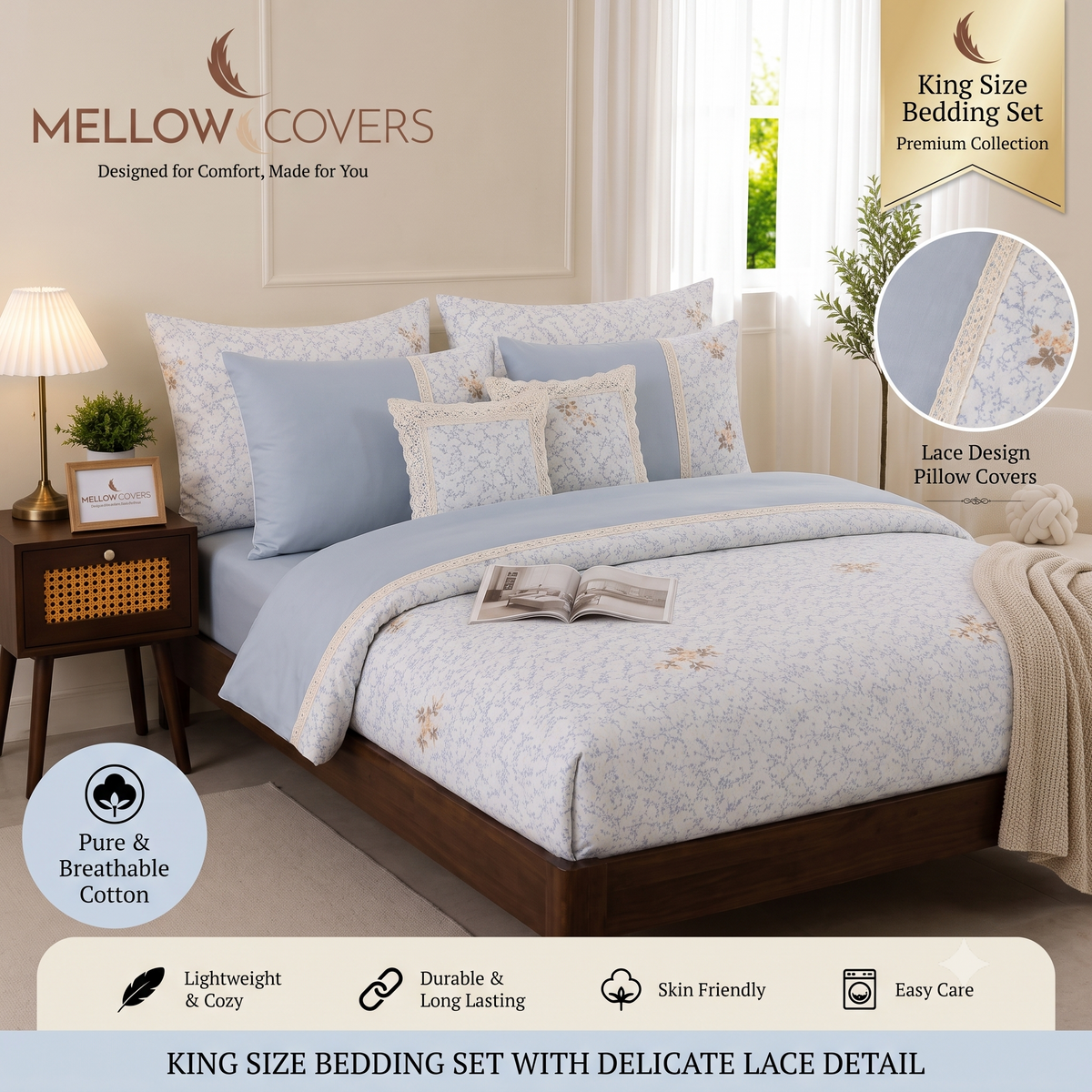 King Size 250TC Pure Cotton Bedsheet Set - Gray Shade Cream