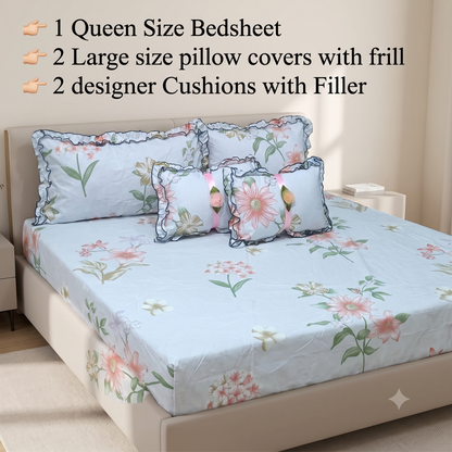 Floral 5-Piece Bedding Set - Blue Cream