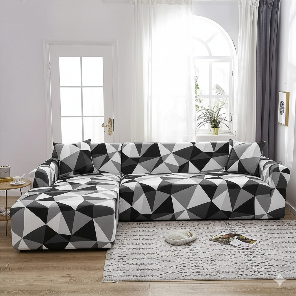 L shape MellowCovers Black Multi Strechable Sofa Cover