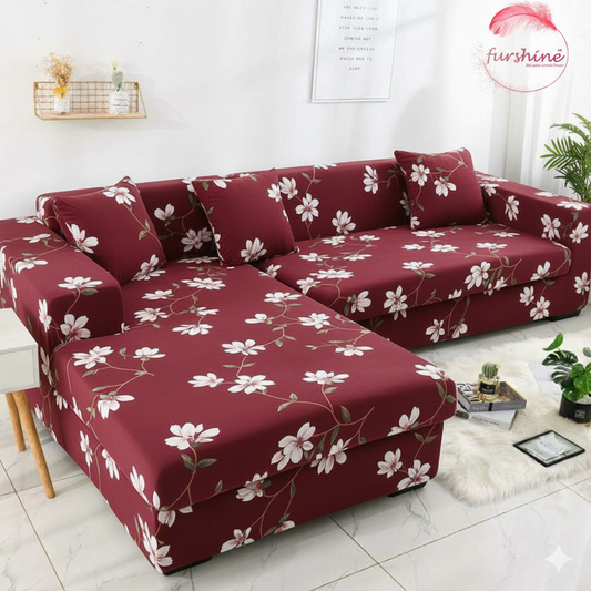 L Shape MellowCovers Floral Maroon Strechable Sofa Cover