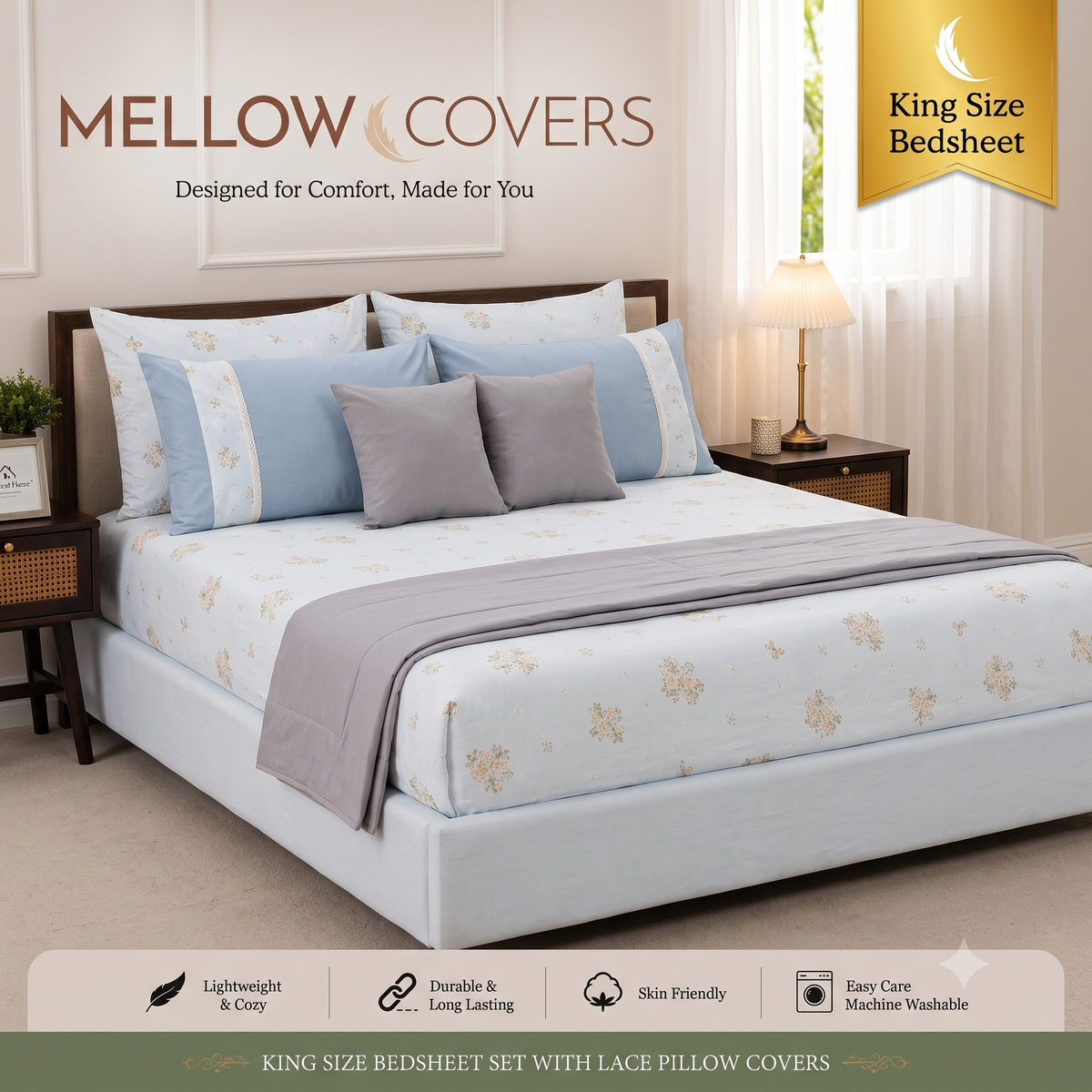 King Size 250TC Pure Cotton Bedsheet Set - Gray Cream