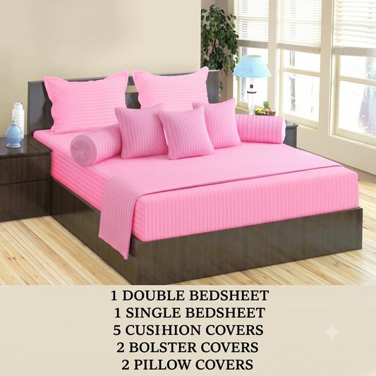 Stripes 11-Piece Combo of Double Bedding Set and Diwan Set- Baby Pink
