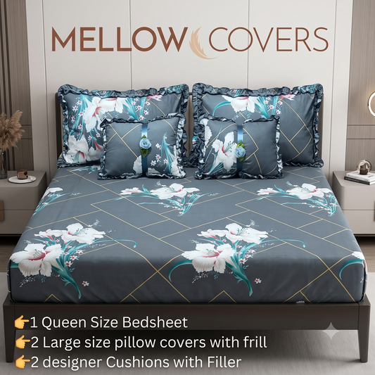Floral 5-Piece Bedding Set - Gray Blue