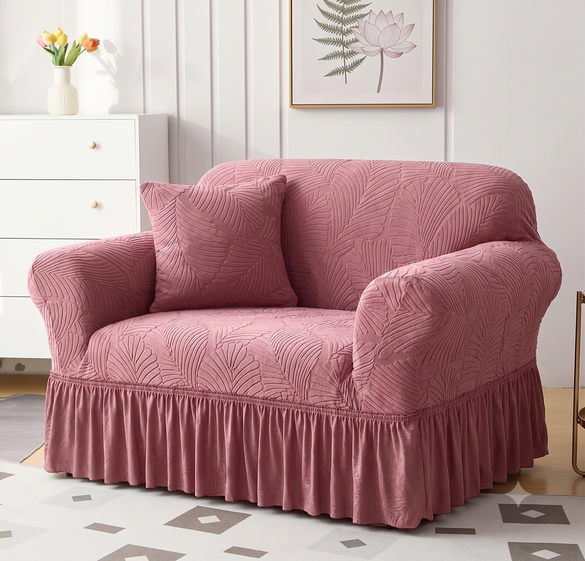 Premium Pink Frill Sofa Cover – Stretchable, Washable & Elegant Sofa Protector