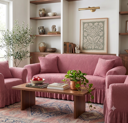 Premium Pink Frill Sofa Cover – Stretchable, Washable & Elegant Sofa Protector