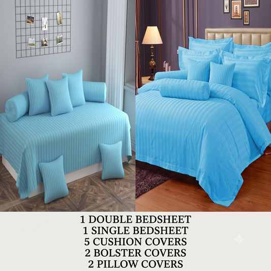 Stripes 11-Piece Combo of Double Bedding Set and Diwan Set- Sky Blue