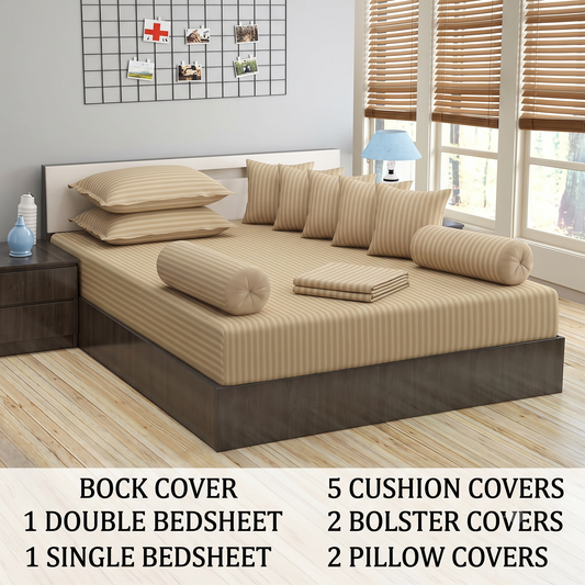 Stripes 11-Piece Combo of Double Bedding Set and Diwan Set- Beige