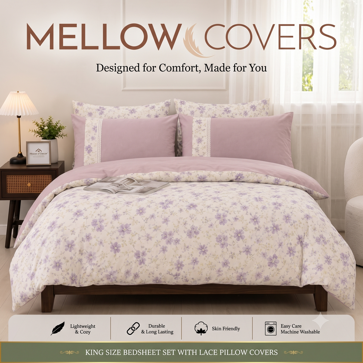King Size 250TC Pure Cotton Bedsheet Set - Dark Pink Cream