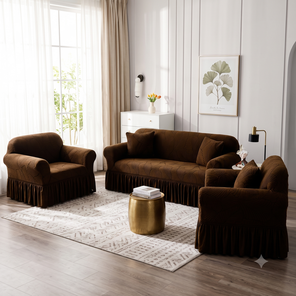 Premium Dark Brown Frill Sofa Cover – Stretchable, Washable & Elegant Sofa Protector