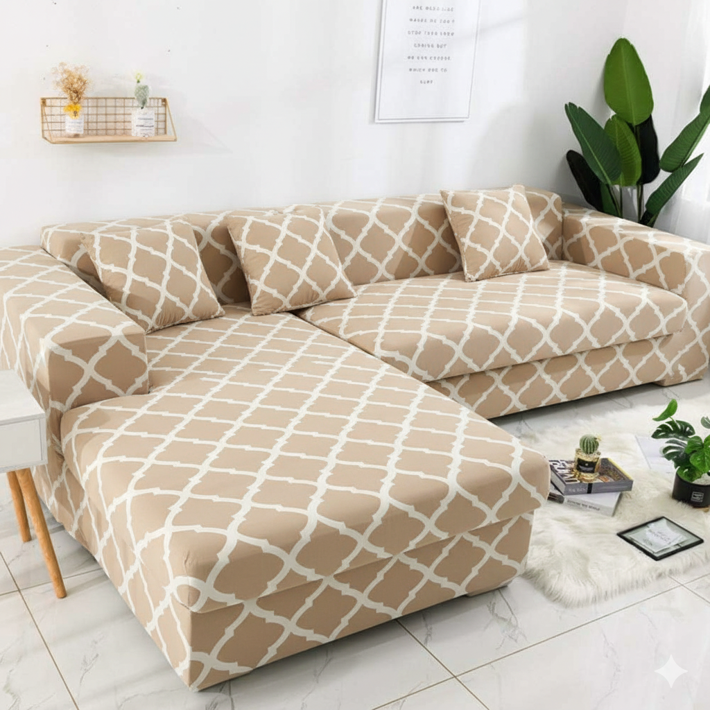 L Shape MellowCovers Diamond Beige Strechable Sofa Cover