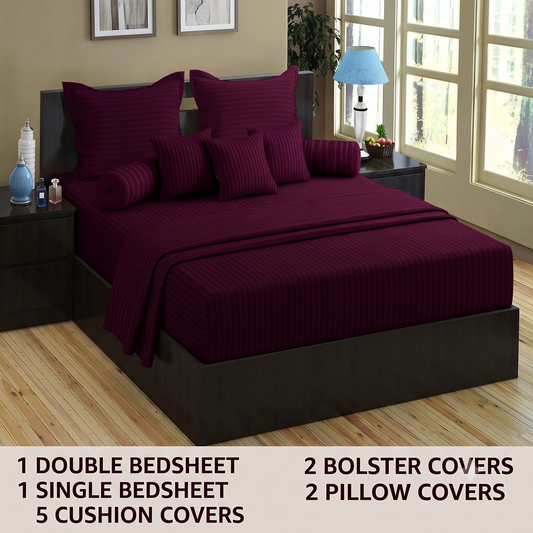 Stripes 11-Piece Combo of Double Bedding Set and Diwan Set- Maroon