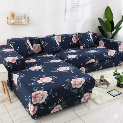 L Shape MellowCovers Lotus Blue Strechable Sofa Cover