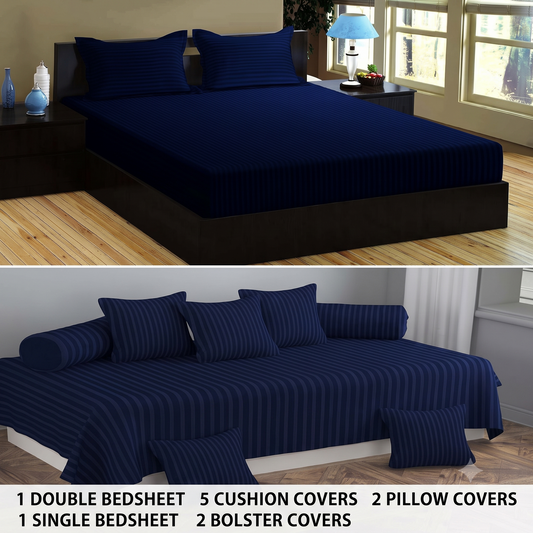 Stripes 11-Piece Combo of Double Bedding Set and Diwan Set- Navy Blue