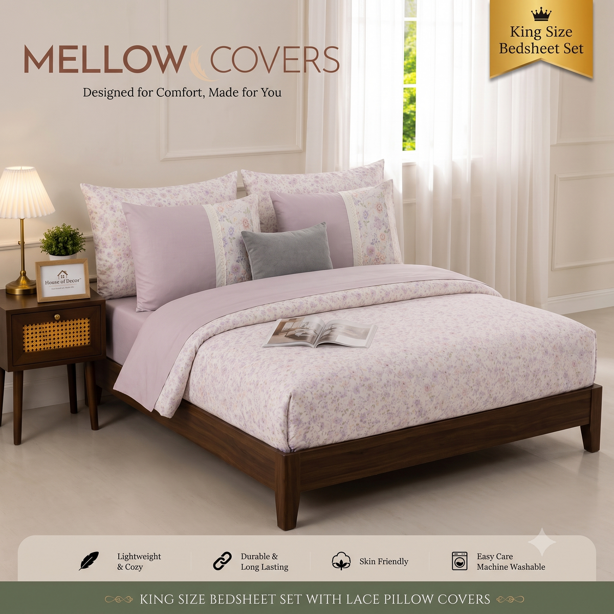 King Size 250TC Pure Cotton Bedsheet Set - Pink Flower Cream