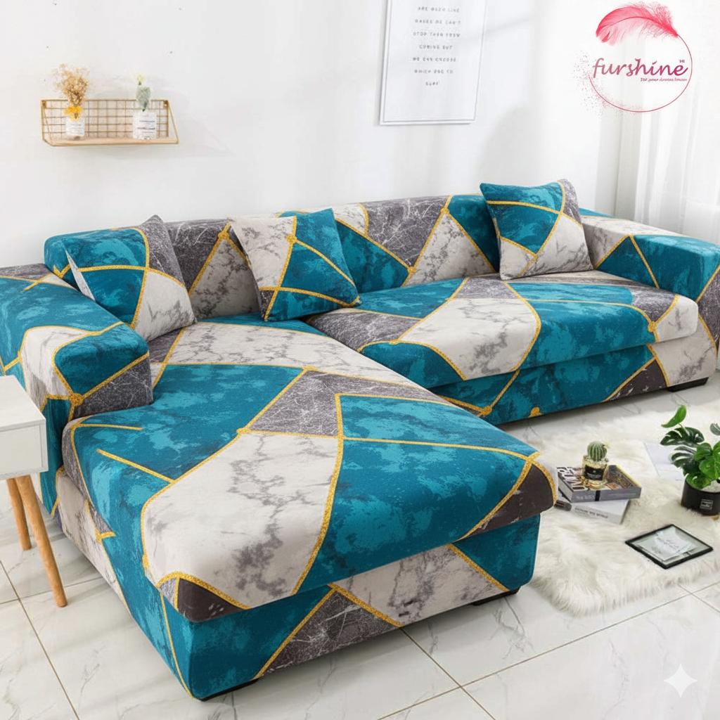 L Shape MellowCovers Blue Marble Strechable Sofa Cover