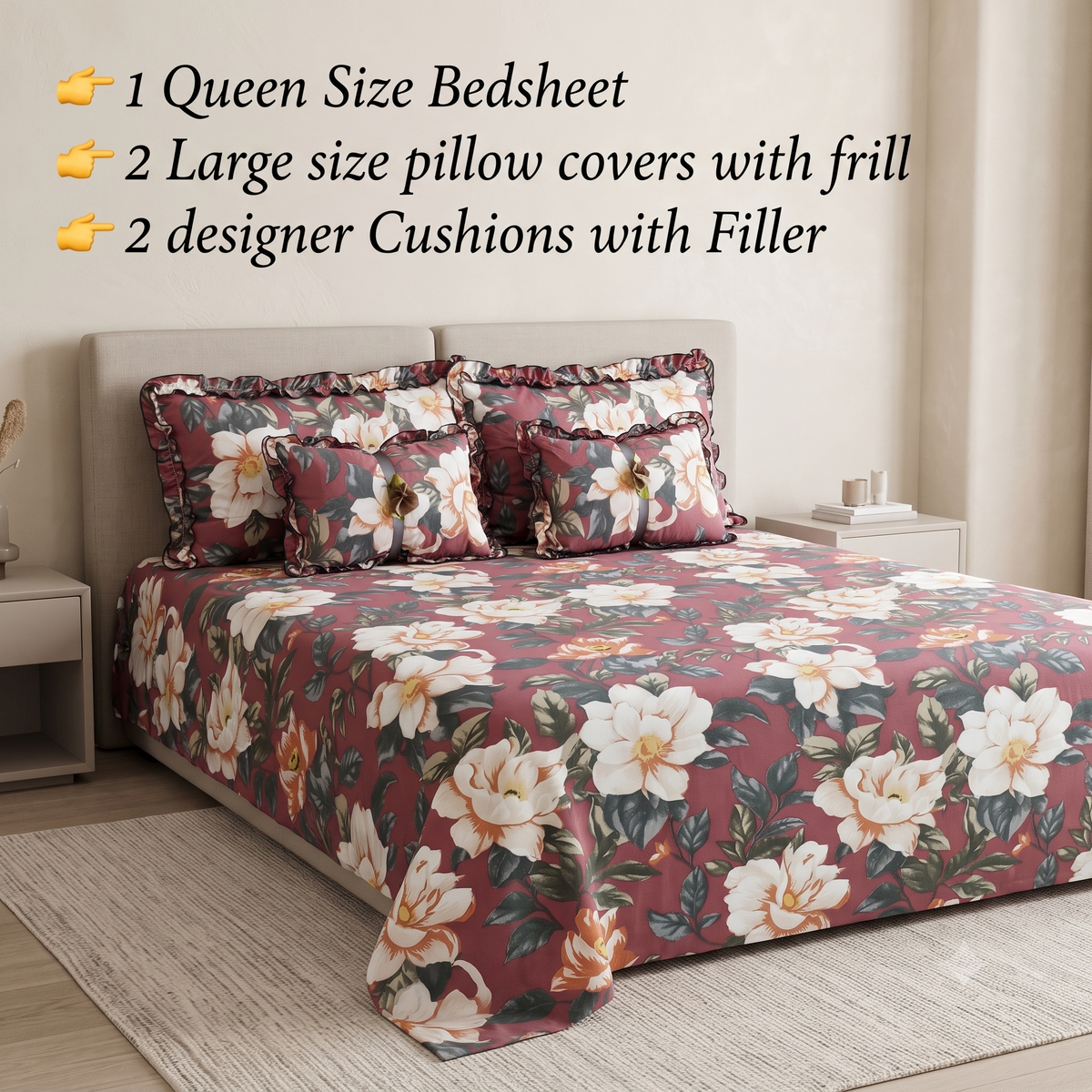Floral 5-Piece Bedding Set - Dark Pink Cream