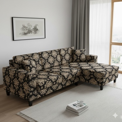 L Shape MellowCovers Black Brocade Strechable Sofa Cover
