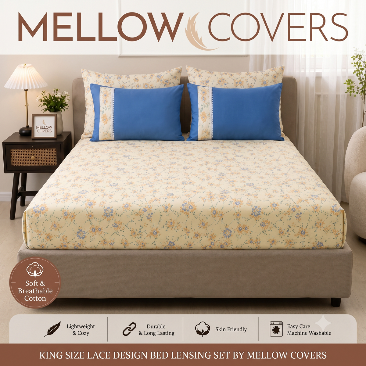King Size 250TC Pure Cotton Bedsheet Set - Green Cream