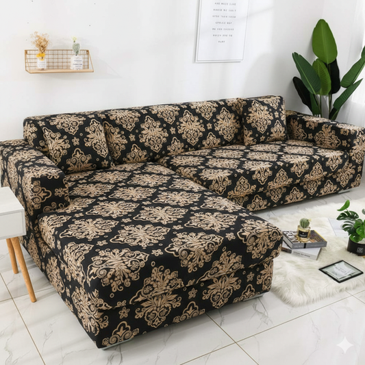 L Shape MellowCovers Black Brocade Strechable Sofa Cover