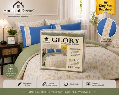 King Size 250TC Pure Cotton Bedsheet Set - Green Cream